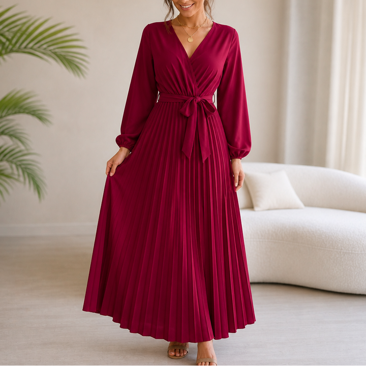 Lunavia – Pleated Wrap-Neck High-Waisted Maxi Dress