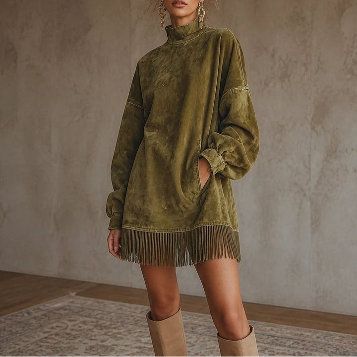 Suede Swing – Faux Suede Fringe Turtleneck Dress