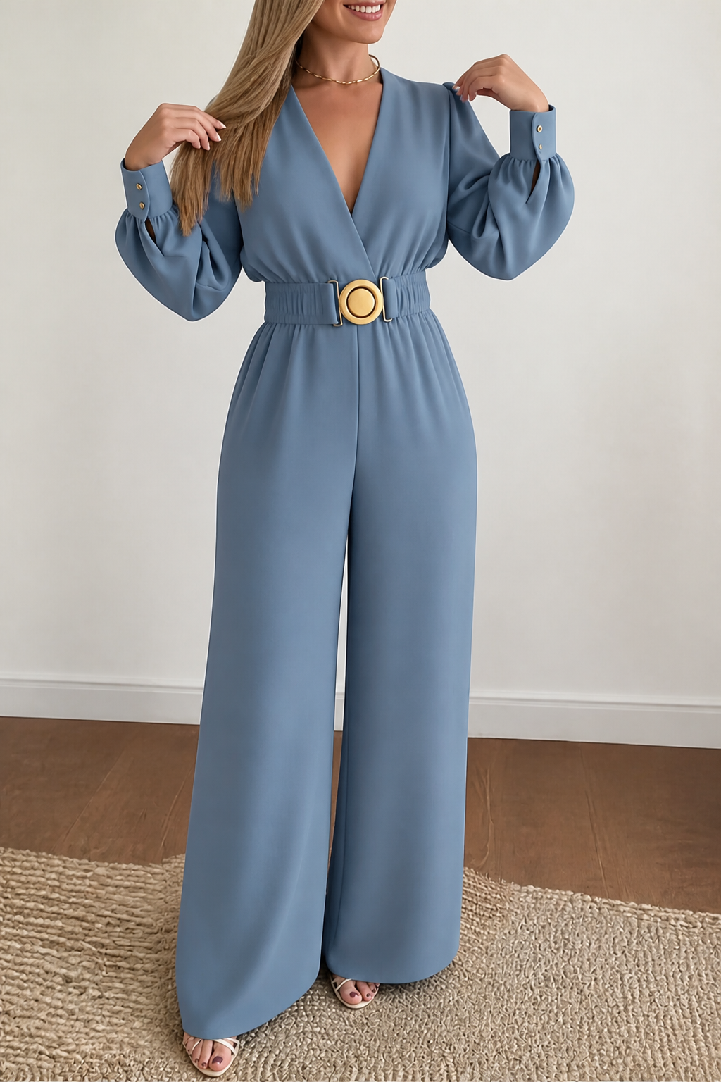 Onepose – Belted Wide-Leg V-Neck Jumpsuit