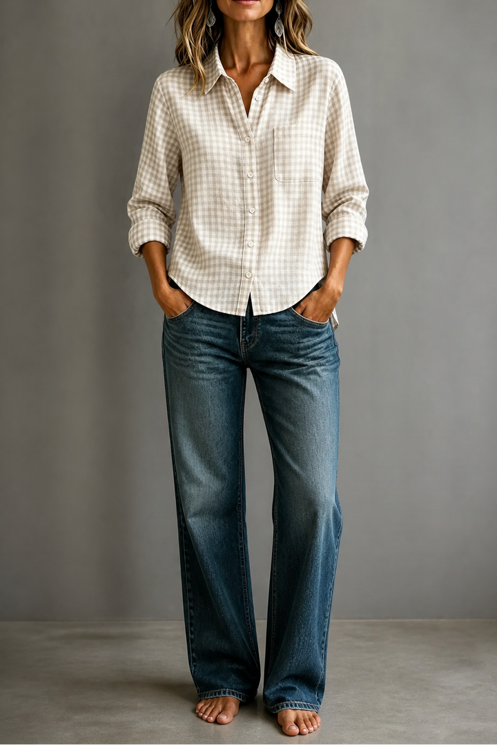 Checkered Long-Sleeve Button-Up Shirt For Women