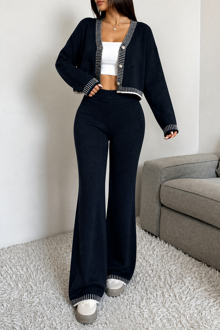 Linewear – Contrast Piping Knit Cardigan And Pants Set