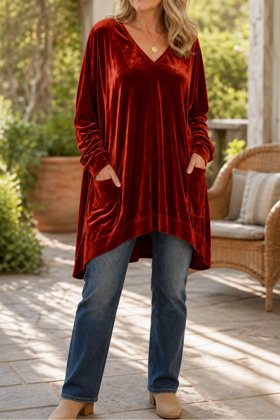 Velveau – Oversized Pocketed V-Neck Velvet Tunic