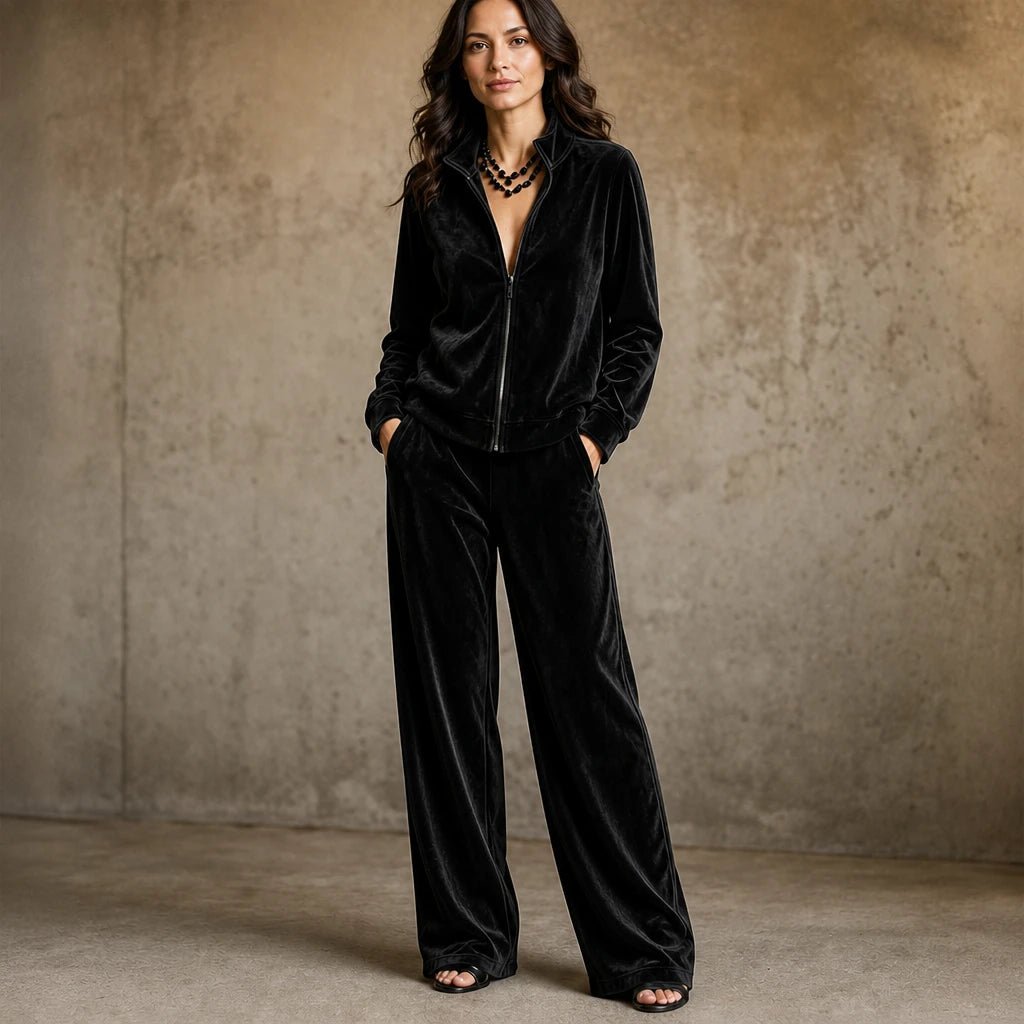 Veloura – Velvet Zip-Front Top And Wide-Leg Pants Set