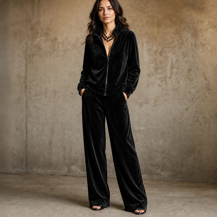 Veloura – Velvet Zip-Front Top And Wide-Leg Pants Set