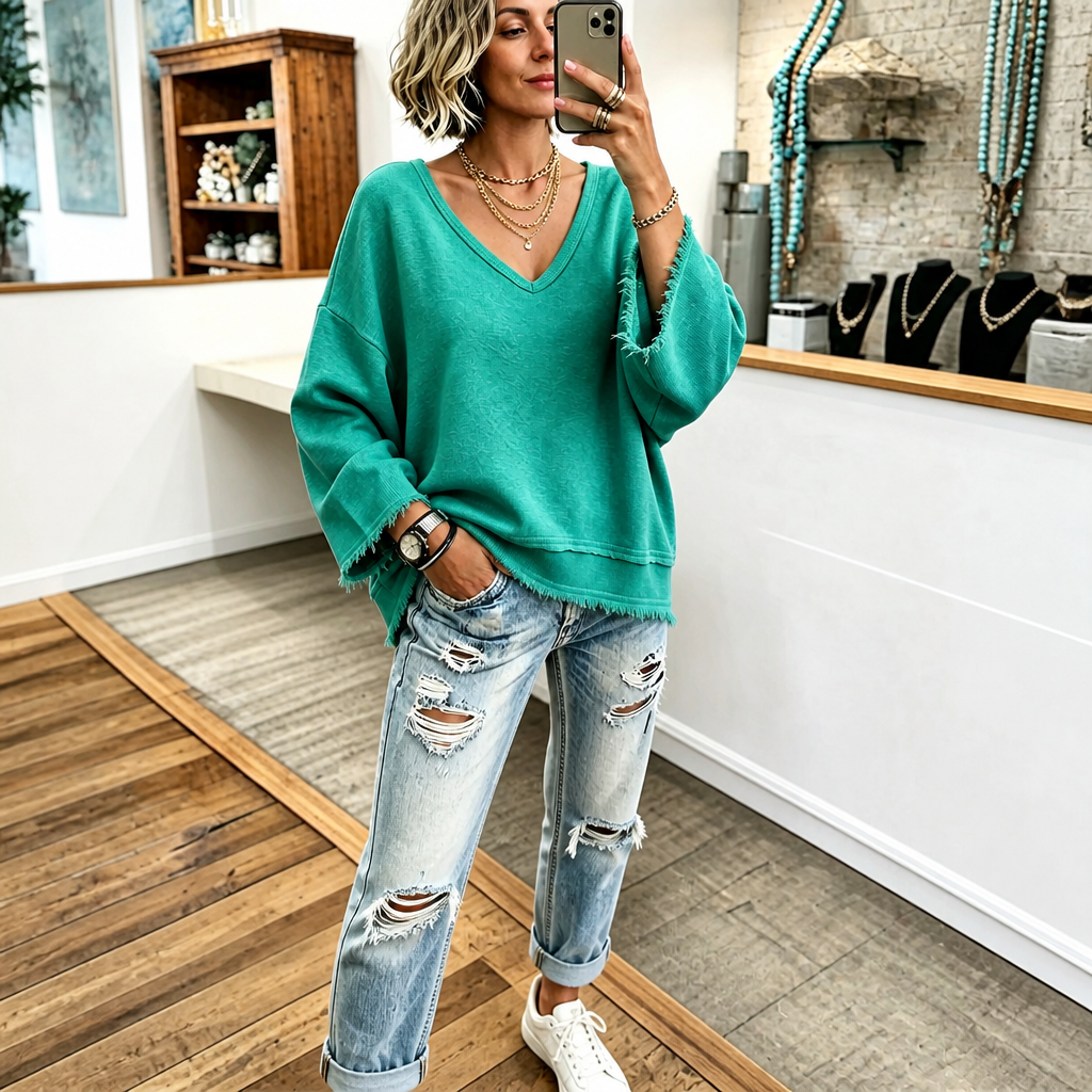 Wearbella – Raw-Hem Garment-Washed V-Neck Sweatshirt