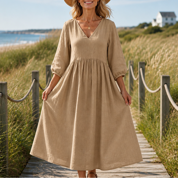 Linenova – Pleated V-Neck Cotton-Linen Look Maxi Dress