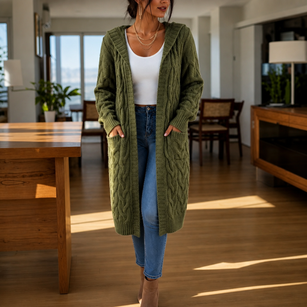 Wrapetta – Hooded Longline Cable-Knit Cardigan