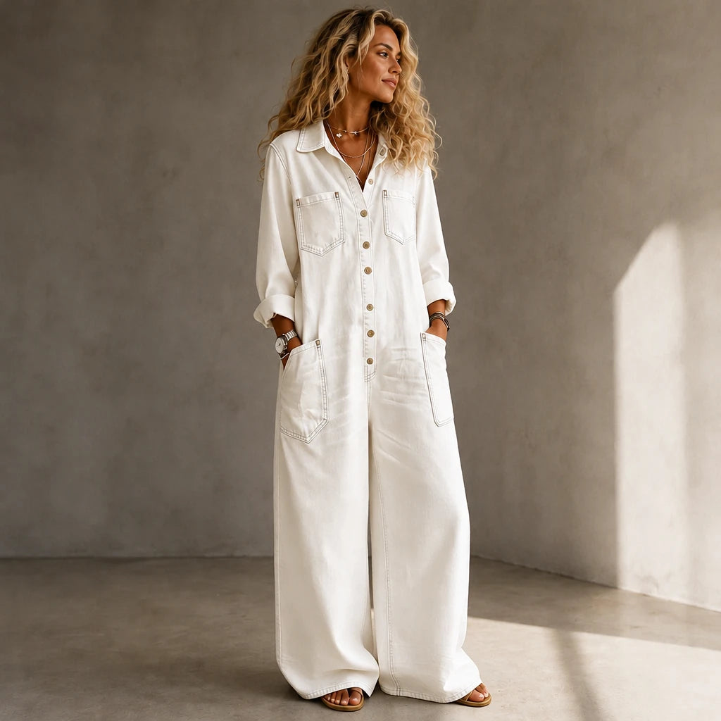 Denimbelle – Button-Front Wide-Leg Denim Jumpsuit