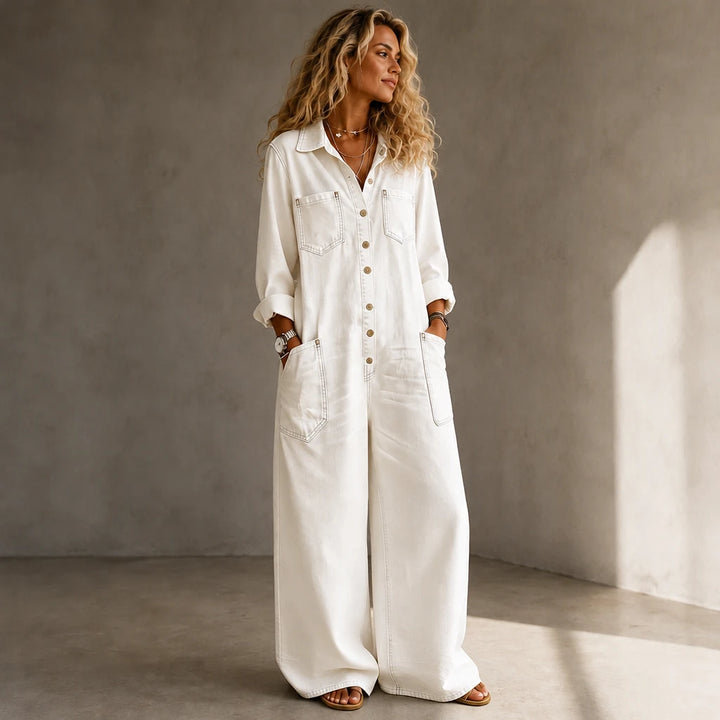 Denimbelle – Button-Front Wide-Leg Denim Jumpsuit
