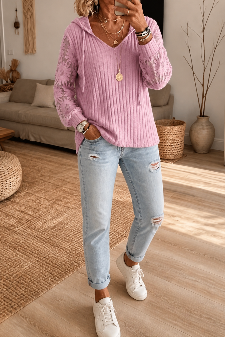 Lunetta – Lace Sleeve Ribbed Knit Hoodie Cardigan