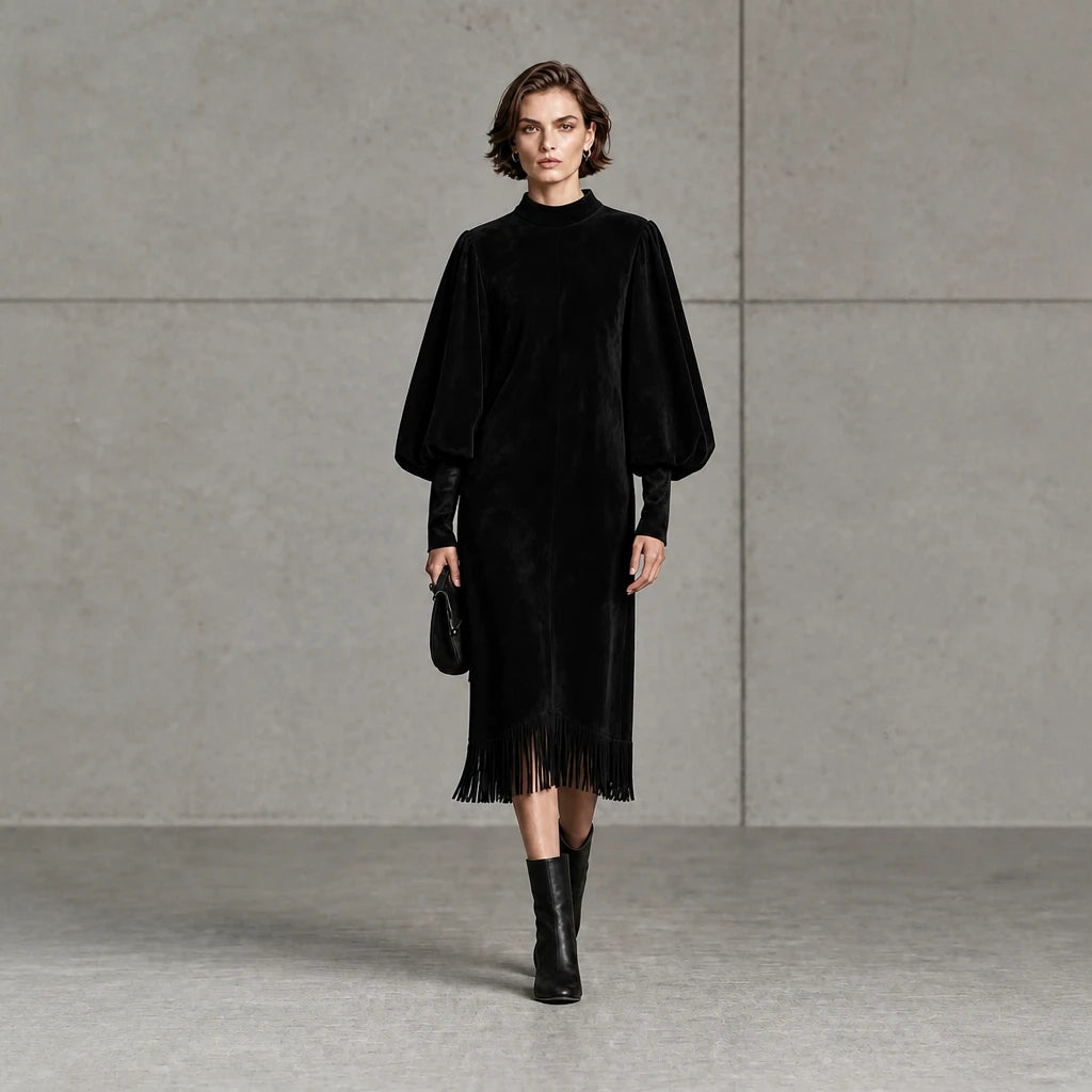 Suede Serenade – Faux Suede-Look Lantern Sleeve Fringe Midi Dress