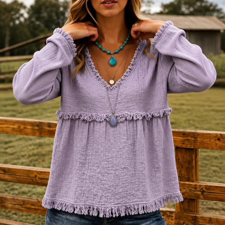 Wearbella – Fringe Trim V-Neck Long Sleeve Top