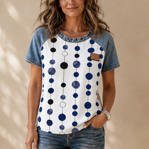 Denimelle – Denim-Look Yoke Ribbed Color-Block Top