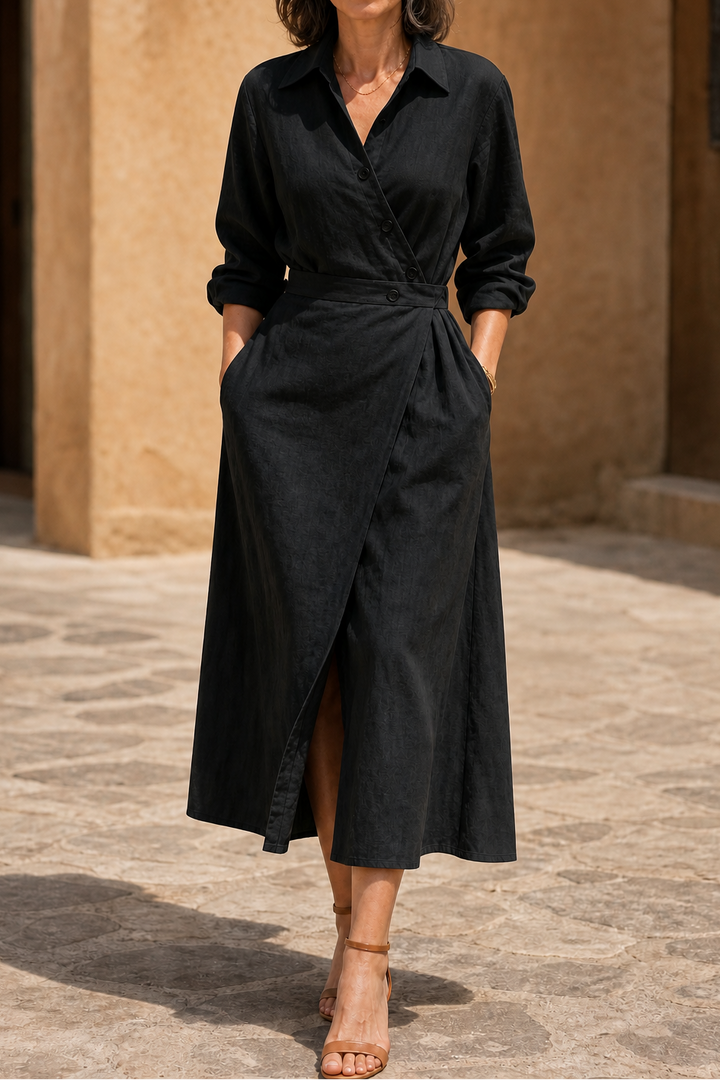 Wrapdaily – Wrap-Belt A-Line Midi Shirt Dress With Pockets