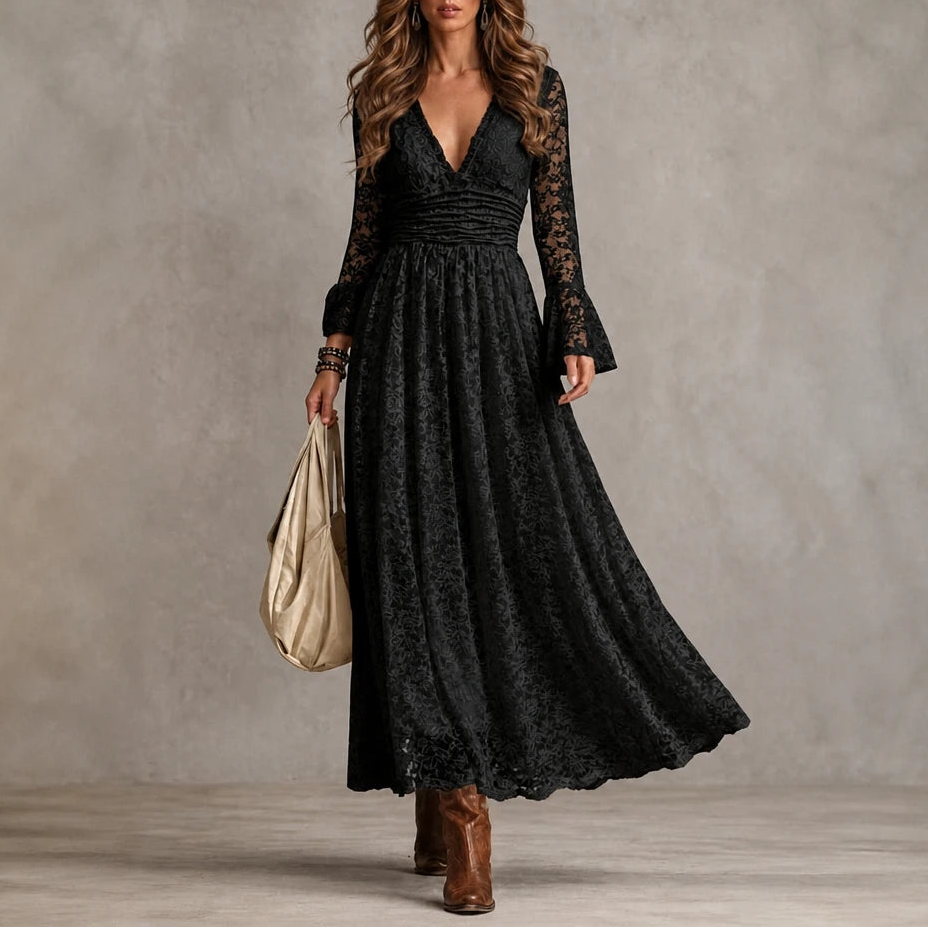 Florenza – Scalloped V-Neck Ruched Waist Lace Maxi Dress