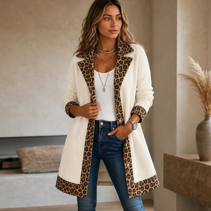 Liora – Leopard-Trim Ribbed Knit Cardigan