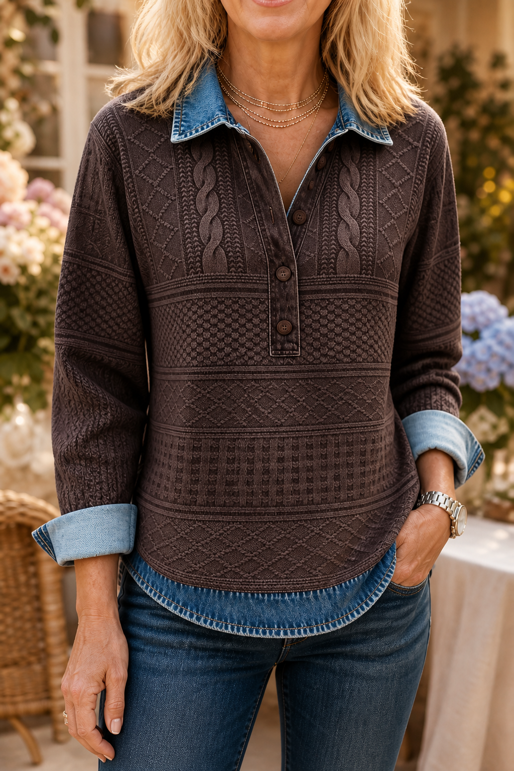 Layerlyn – Denim Patchwork Textured Knit Blouse