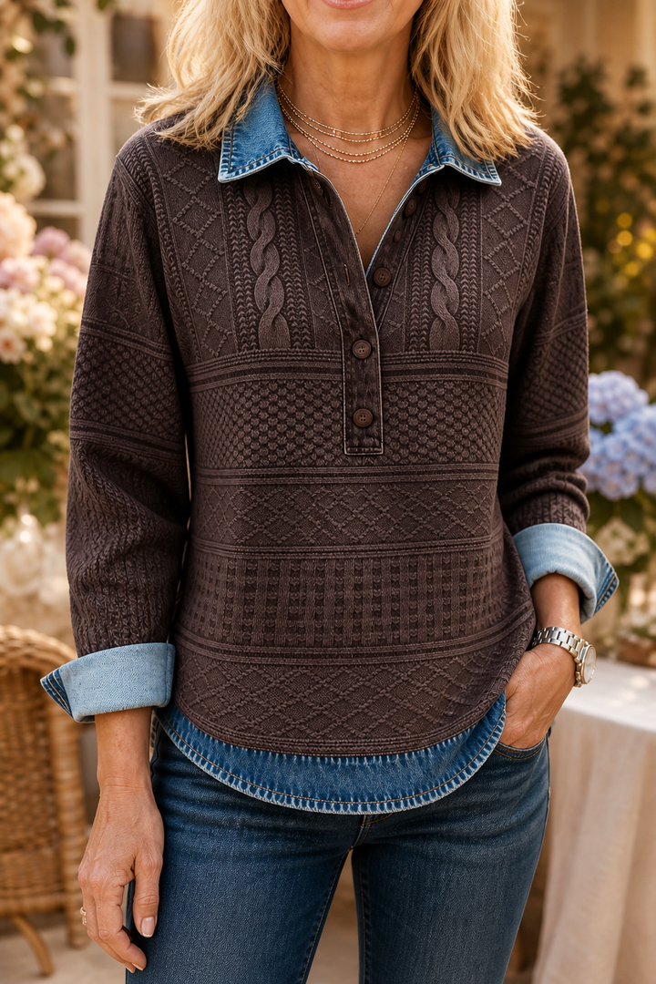 Layerlyn – Denim Patchwork Textured Knit Blouse