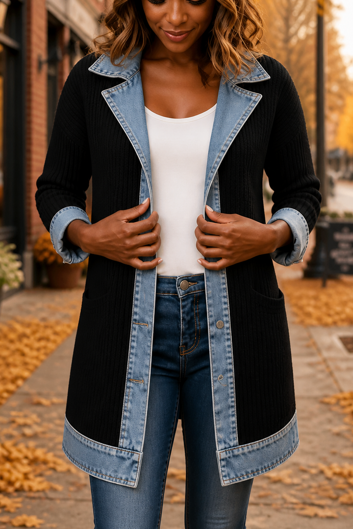 Wearbella – Denim-Look Spliced Ribbed Knit Coat