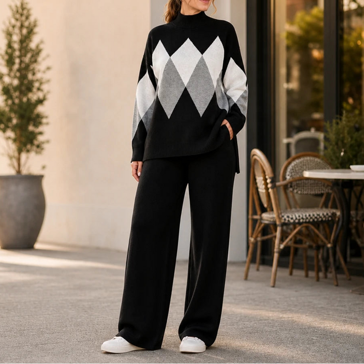 Argyle Ease – Argyle Knit Sweater And Wide-Leg Trouser Set