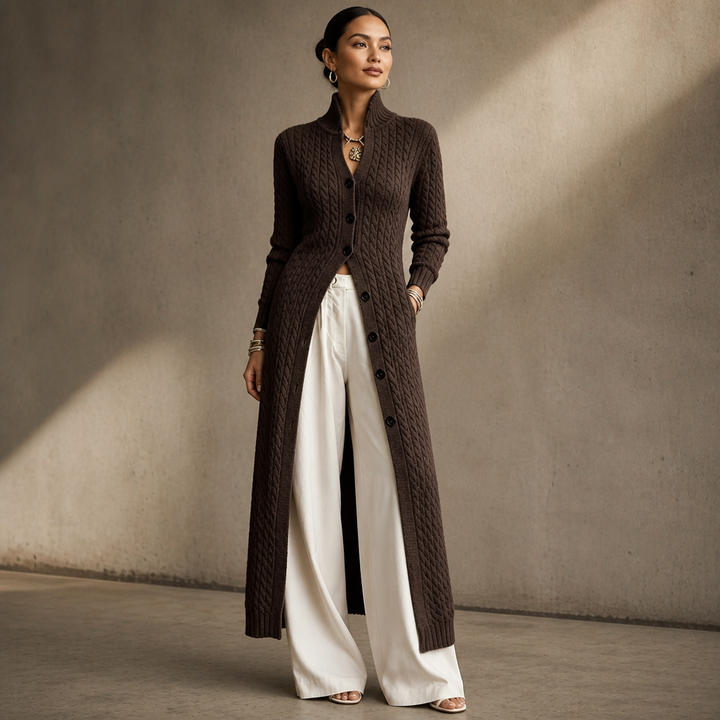 Cablemere – High Collar Cable-Knit Duster Cardigan