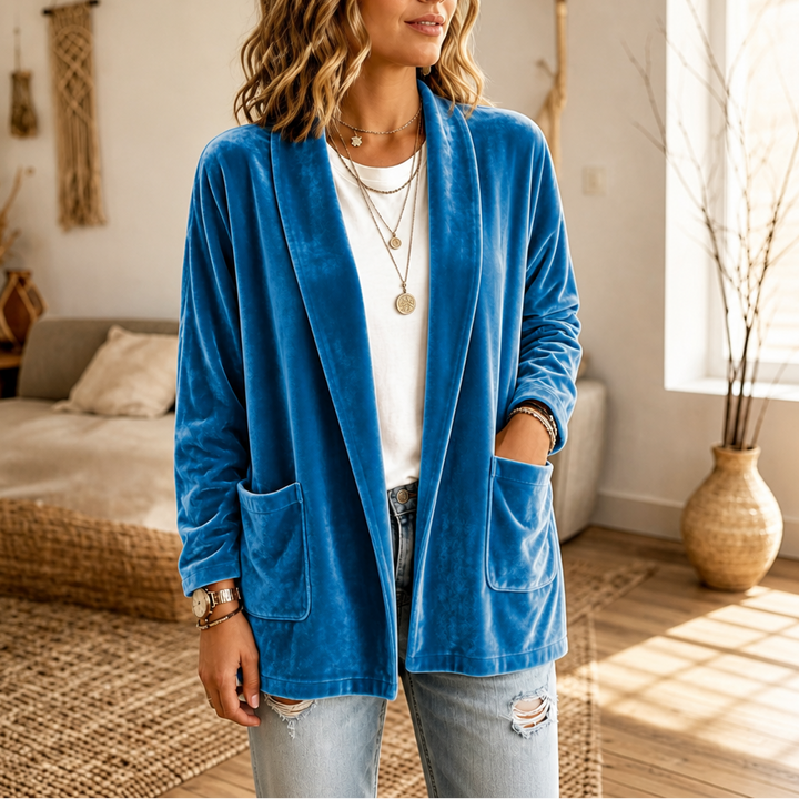Velvetelle – Textured Velvet Shawl-Collar Open-Front Cardigan