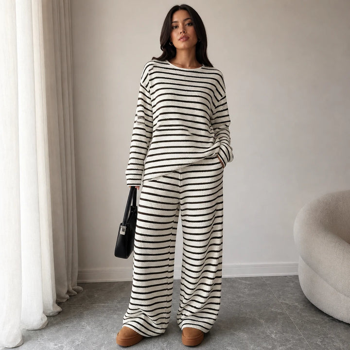 Stripe & Ease – Striped Long-Sleeve Top And Wide-Leg Pants Set