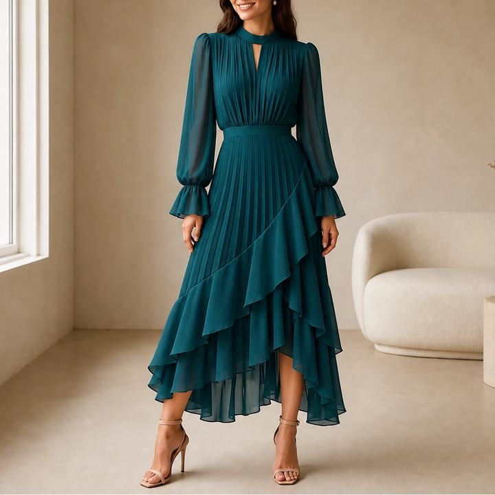 Florenza – Pleated Asymmetrical Ruffle Midi Dress