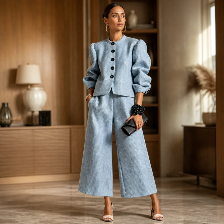 Maison Tweed – Button-Front Bouclé Puff-Sleeve Pants Set