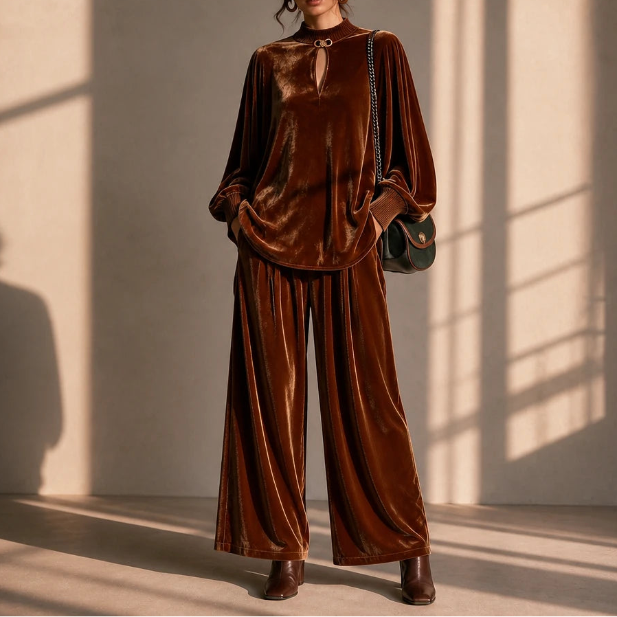 Veloura – Keyhole Velvet Top And Wide-Leg Trouser Set