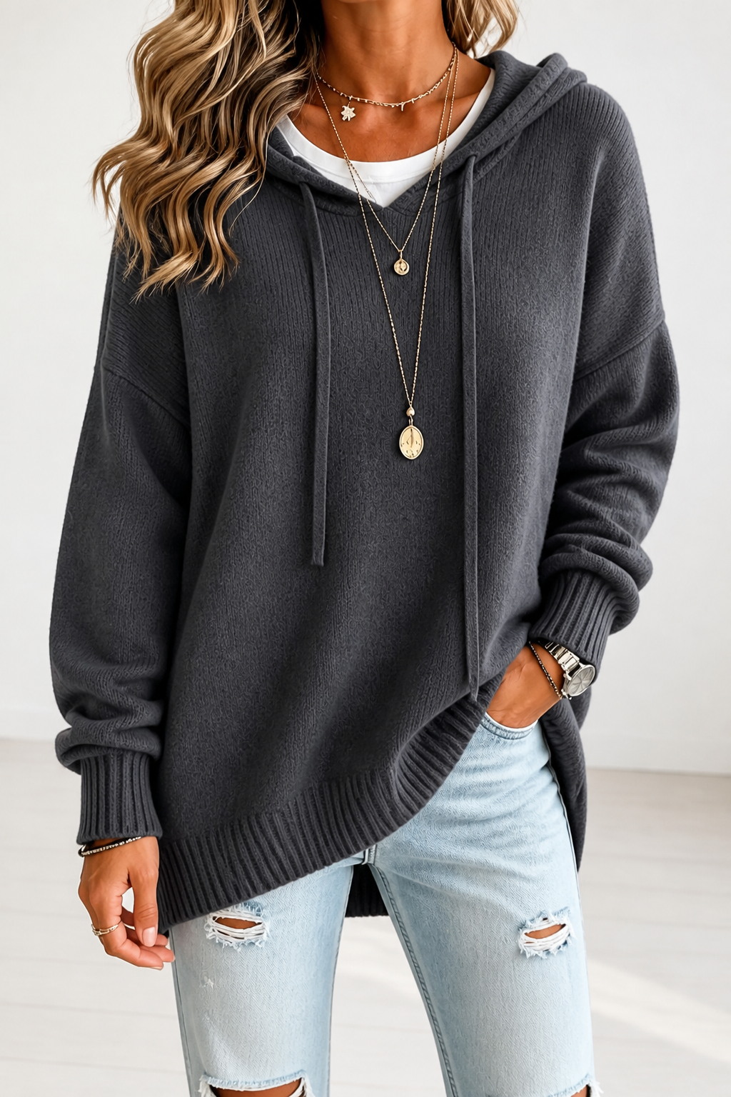 Wearbella – Oversized Drawstring Hooded Knit Sweater