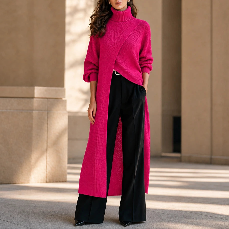 Linevera – Pit-Stripe Ribbed Asymmetric Turtleneck Top