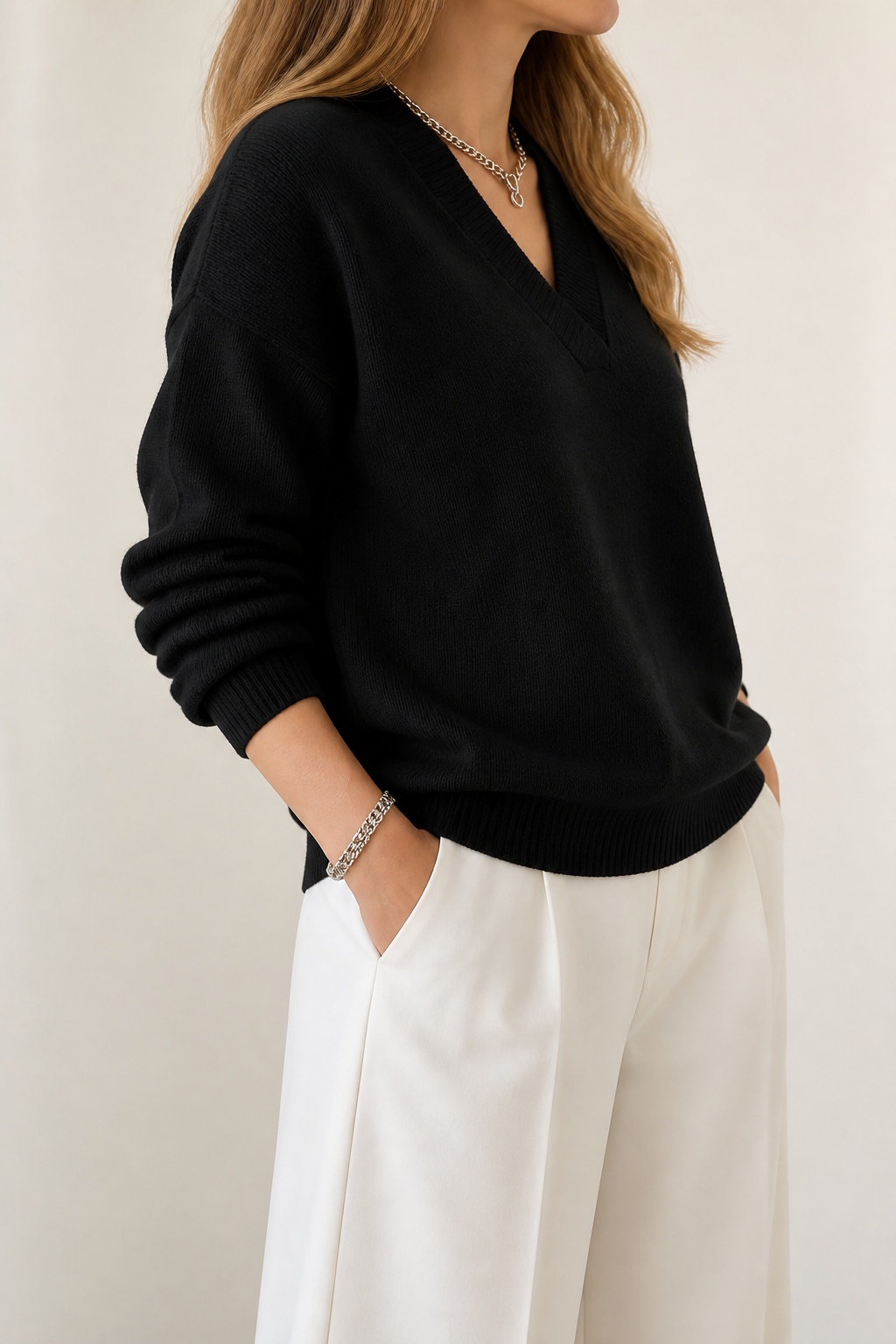 Softline – Ribbed V-Neck Relaxed Knit Sweater