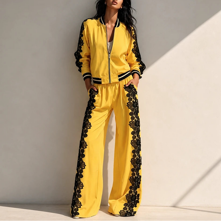 Lace & Leisure – Floral Lace Panel Track Jacket And Wide-Leg Pants Set