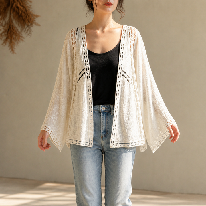Wearbella – Crochet Trim Open-Front Cardigan