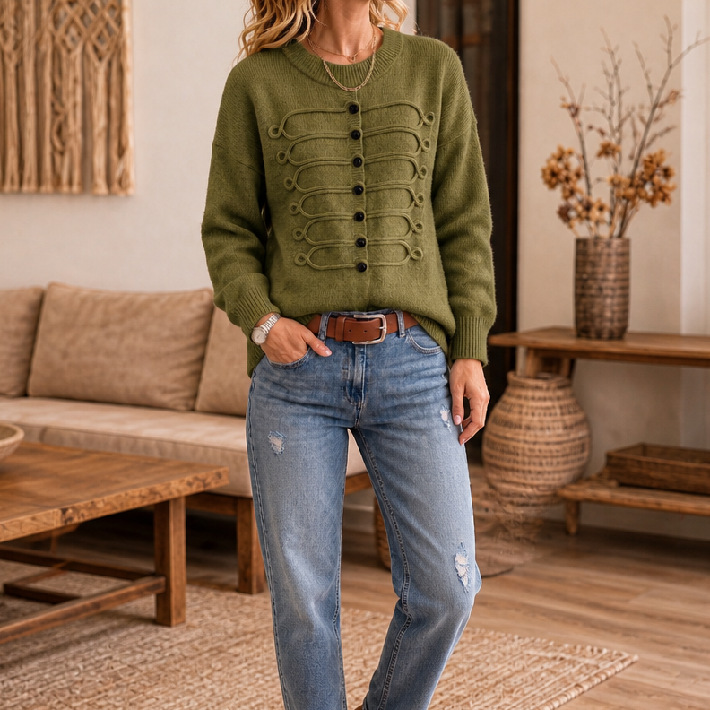 Braidenne – Braided Cord Button-Front Knit Sweater