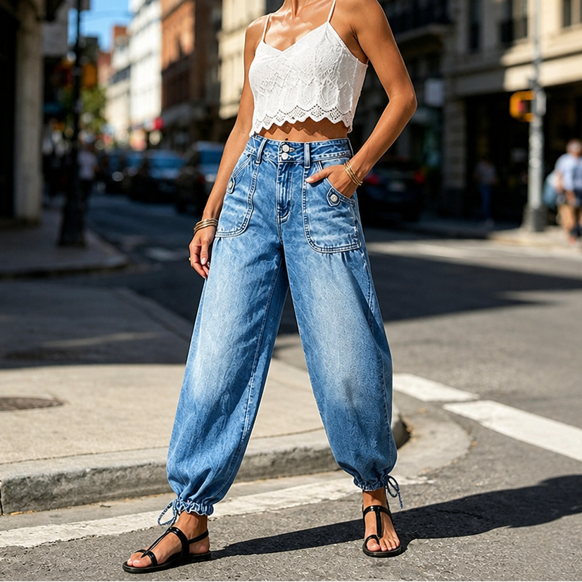 Barrelette – Tie-Hem High-Waisted Barrel Leg Jeans