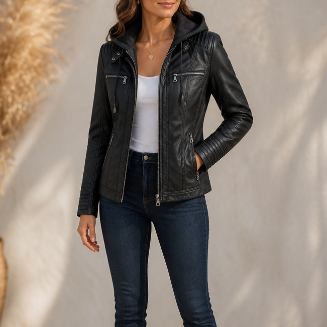 Flavia – Fitted Hooded Moto-Style Jacket