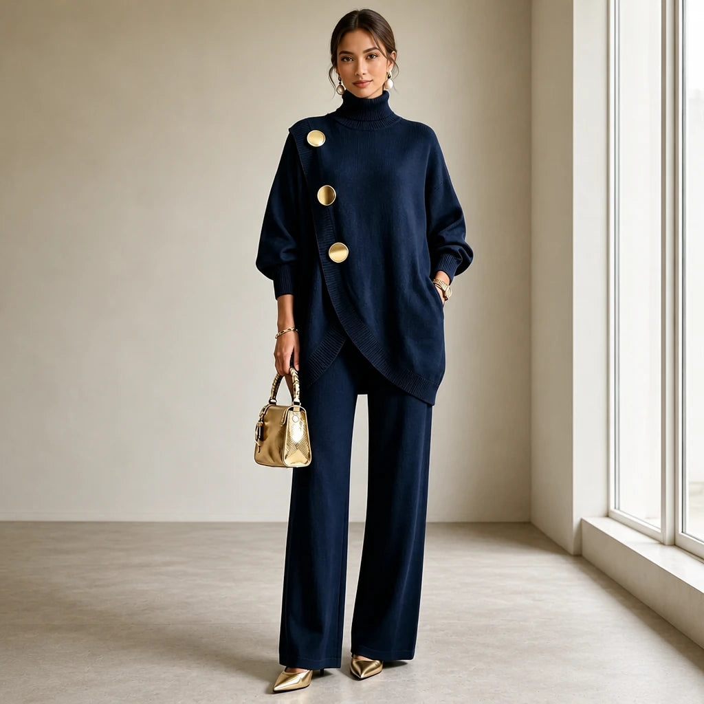 Mackenzie – Gold-Button Asymmetric Knit Two-Piece Set