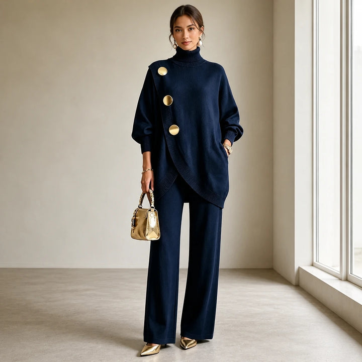 Mackenzie – Gold-Button Asymmetric Knit Two-Piece Set