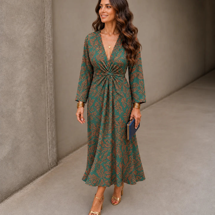 Isabella – V-Neck Fitted-Waist Printed Midi Dress