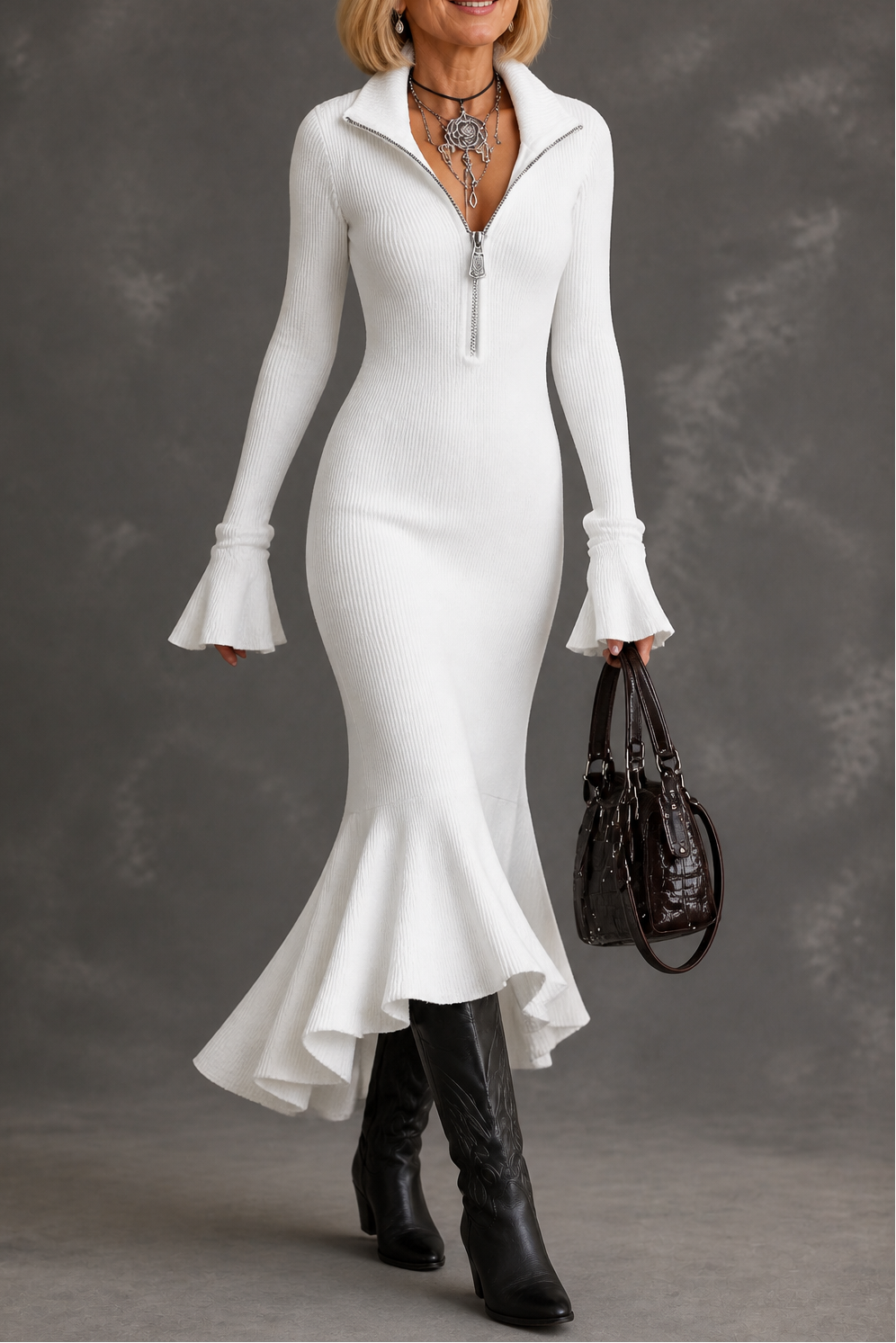 Fishtail Muse – Wide-Sleeve Fishtail Hem Evening Maxi Dress