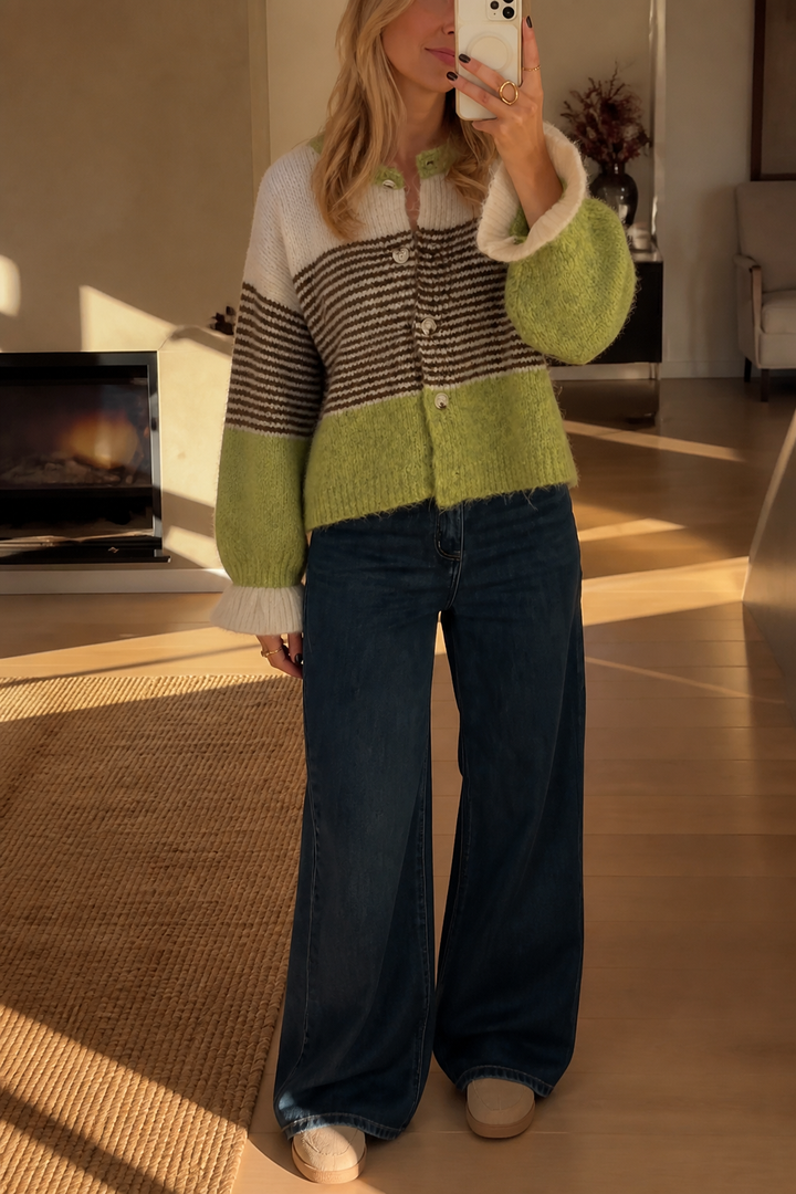 Warmweave – Color-Block Striped Open-Front Knit Cardigan
