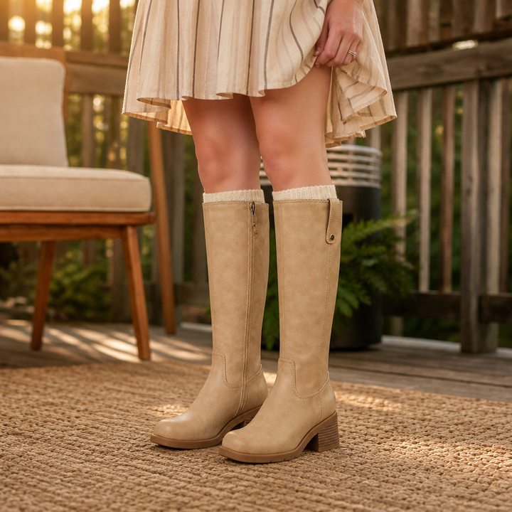 Calvera – Wide-Opening Pull-On Block Heel Knee-High Boots