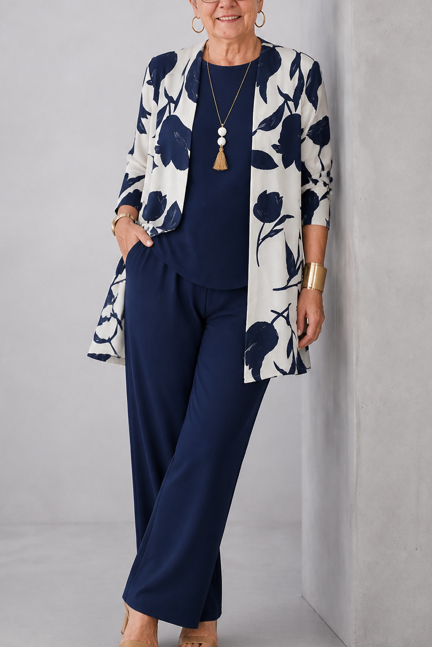 Wearbella – Botanical Print Cardigan, Top And Pants Set