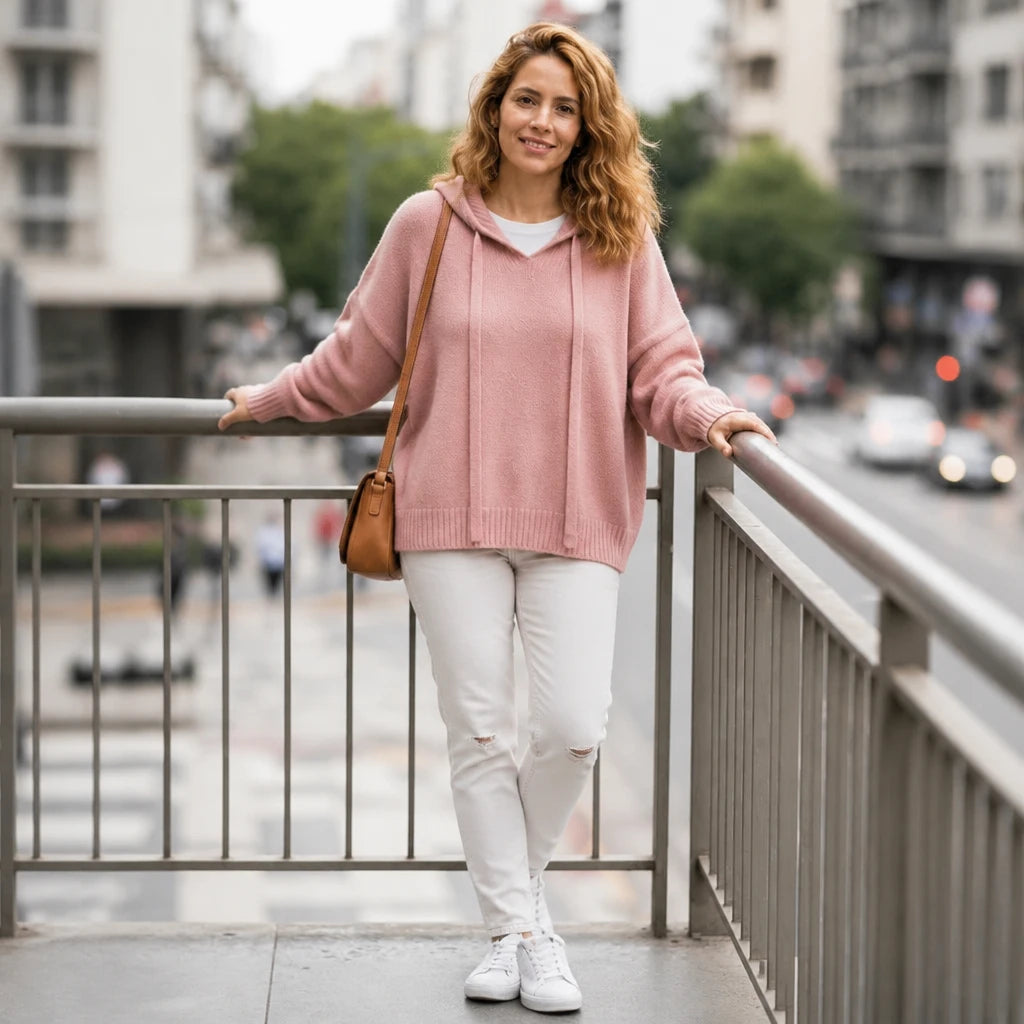 Easewell – Dropped Shoulder Knit Hoodie With Drawstring