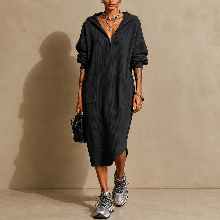 Everday – Hooded Zipper Pocket Midi Dress