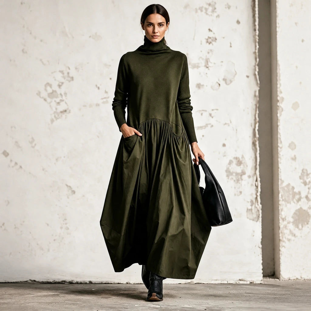 Clara – High Collar Gathered Skirt Maxi Dress