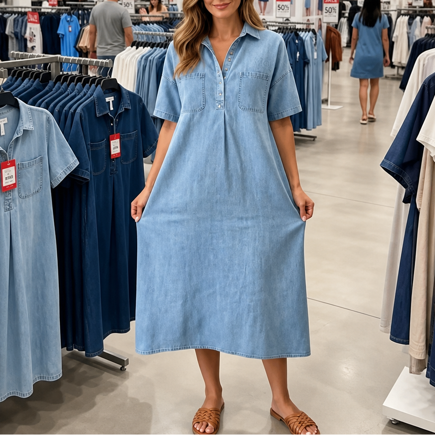 Denimly – Pocketed Shirt Collar Denim Midi Dress