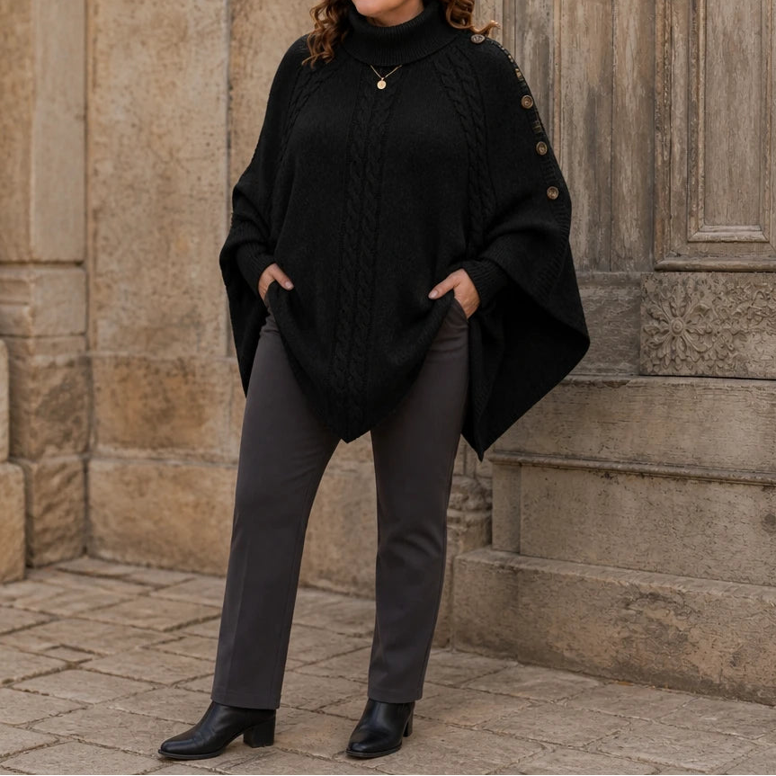 Cabelune – High-Neck Cable-Knit Cape Poncho Sweater